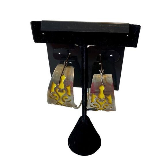 Super Funky Bright Yellow & Silver Toned Stencil Hoops. - Picture 4 of 7